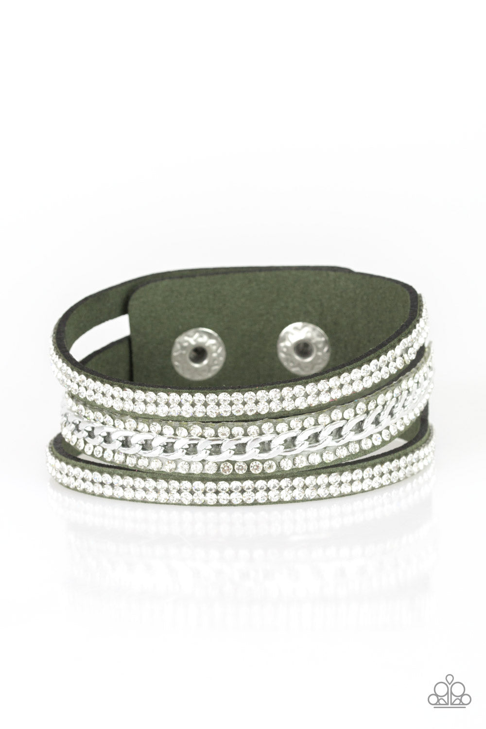 Rollin In Rhinestones - Green Adjustable Snap Closure Bracelet